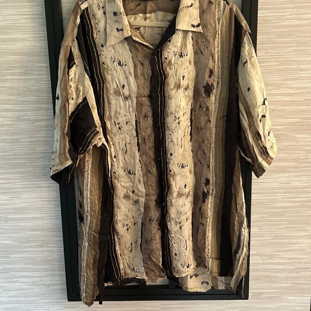Genelli vintage 100% silk short sleeve men's shirt brown beige print size xxl